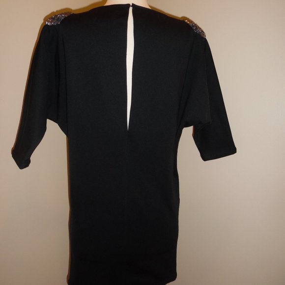 ELIZABETH AND JAMES Beaded Embellished Jeweled Black Mini Shoulder Wedge Dress - Picture 7 of 8